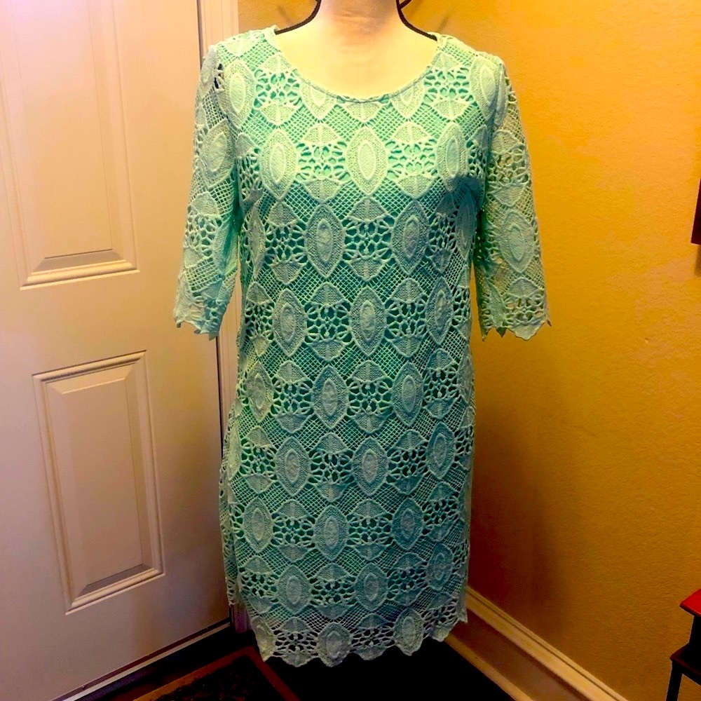 Emmelee Mint Green Eyelet Dress (lined). Large. Bust 37”. Length 35”.
